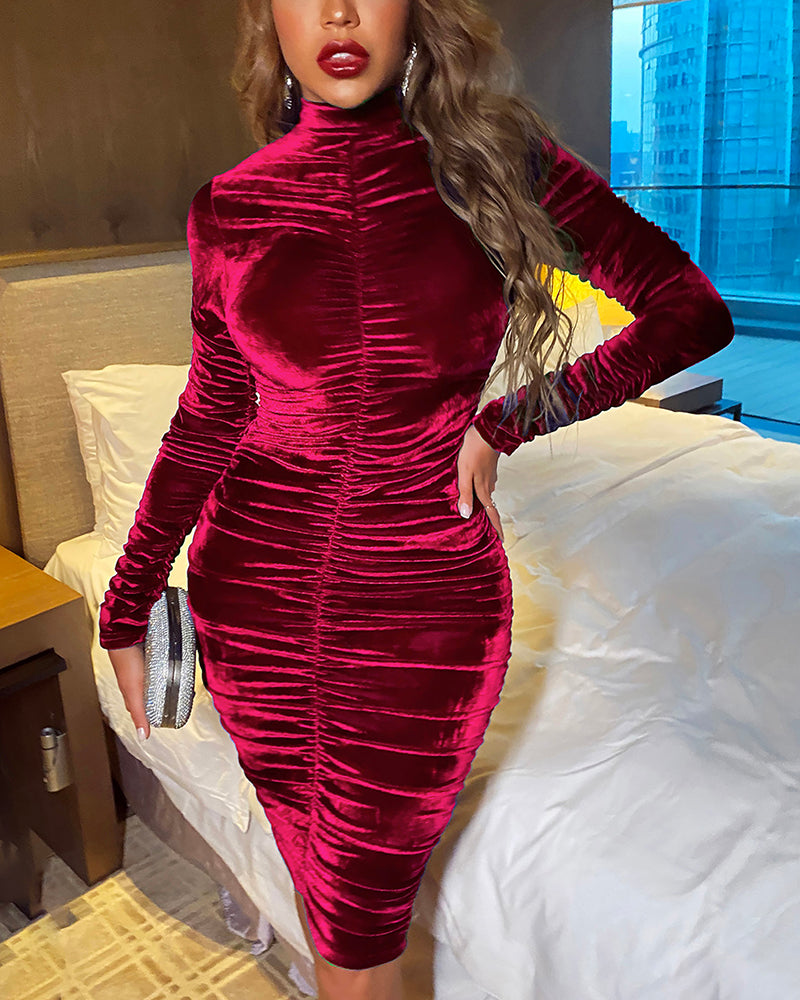 Velvet Mock Neck Ruched Bodycon Dress