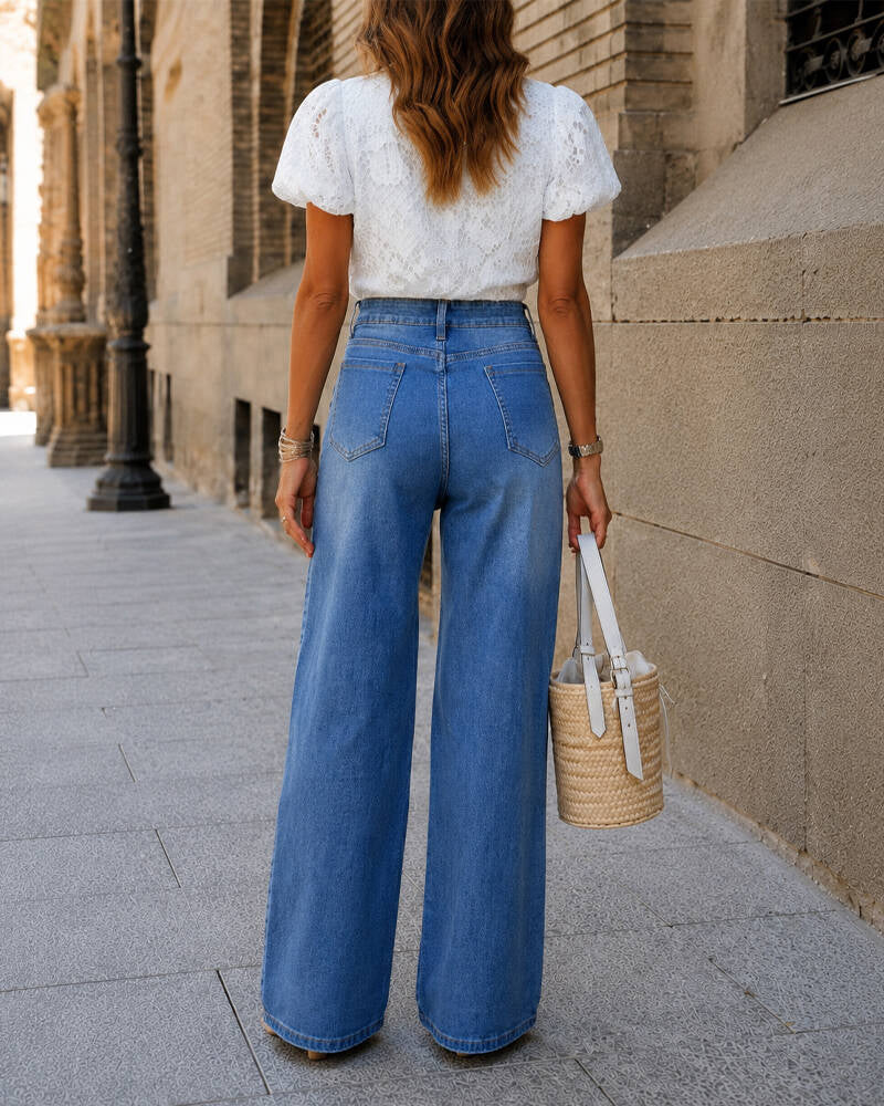 Women's Embroidered Floral Pattern Rhinestone Wide Leg Jeans High Waist Hollow-out Denim Pants
