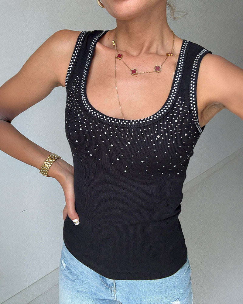 Rhinestone Decor U-Neck Sleeveless Slim Fit Ribbed Tank Top