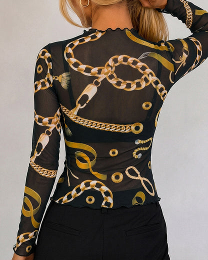 Women's Sheer Mesh Gold Chain Print Mock Neck Frill Trim Long Sleeve Top