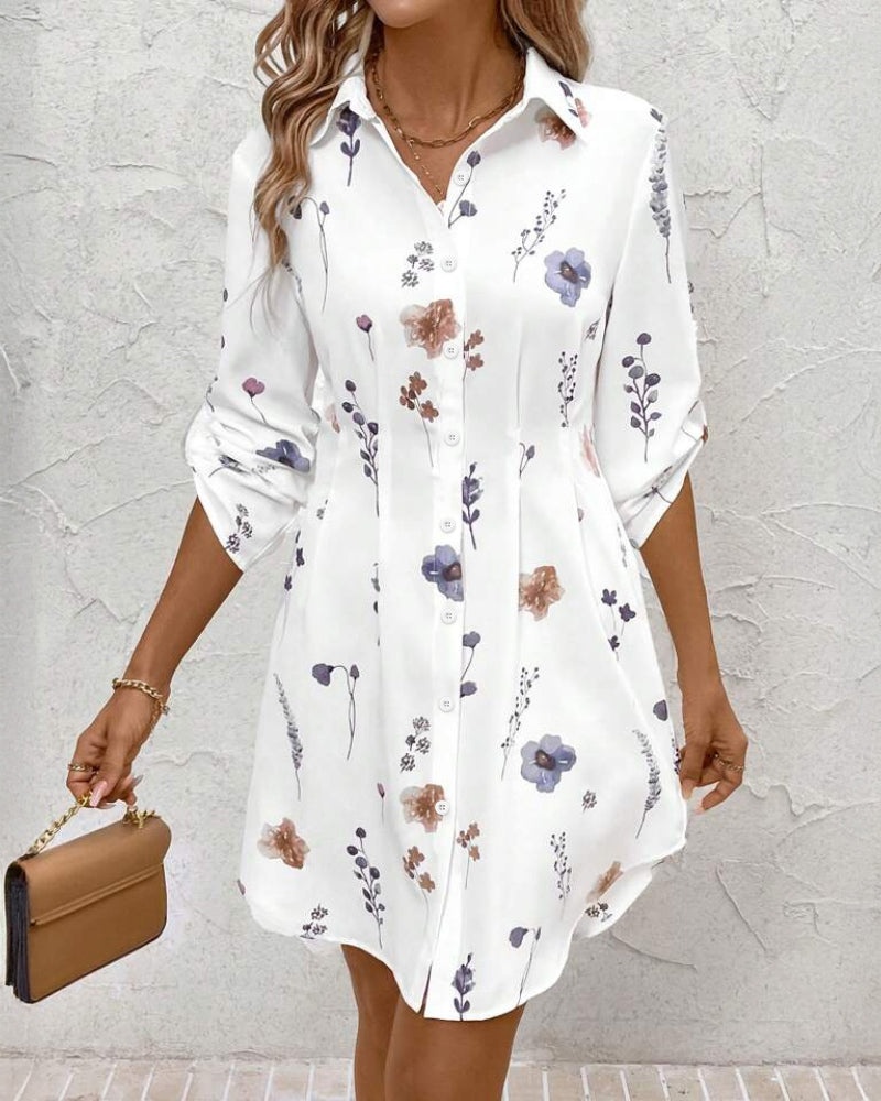 Watercolor Floral Print Turn-down Collar Turn-Up Sleeves Shirred Back Shirt Dress Casual Button Down Cinched Waist Asymmetrical Hem Vacation Dress