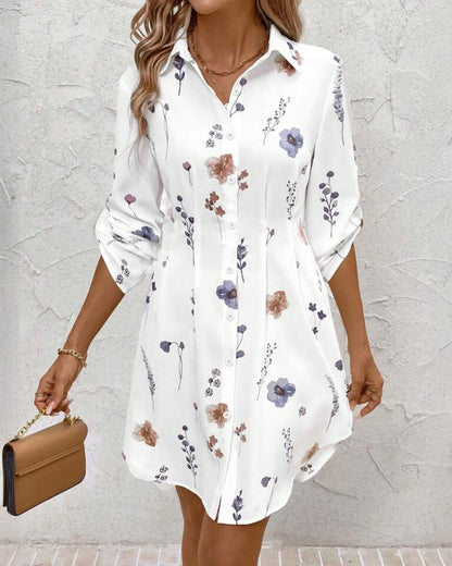 Watercolor Floral Print Turn-down Collar Turn-Up Sleeves Shirred Back Shirt Dress Casual Button Down Cinched Waist Asymmetrical Hem Vacation Dress