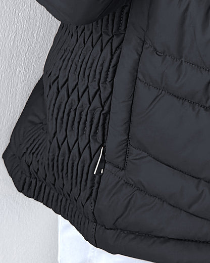 Zipper Pocket Design Shirred Fuzzy Trim Fleece Lined Hooded Puffer Jacket