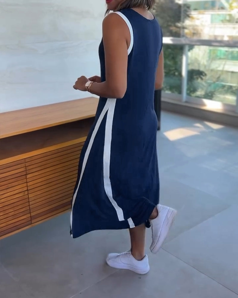 Striped Sleeveless Plunge Neckline Midi Dress with Slit Detail Casual Loose Fit A Line Dress