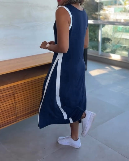 Striped Sleeveless Plunge Neckline Midi Dress with Slit Detail Casual Loose Fit A Line Dress