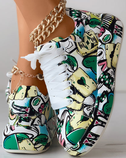 Lace-up Front Painting Print Platform Sneakers