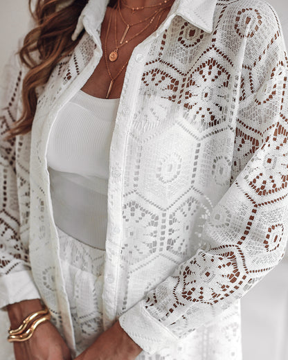 2 Pieces Outfit Turn-down Collar Button Front Sheer High-Low Hem Loose Fit Top and Elastic Waist Shorts Set With Lining Casual Lace Set