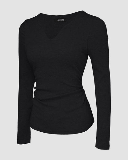 Chicme Built In Bra Notch Neck Long Sleeve Shirts Rib Knit Ruched Waist Top