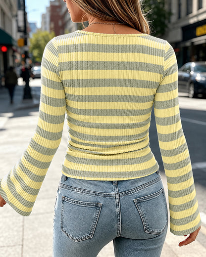 Women's Boat Neck Striped Long Flare Sleeve Ruched Knit Top