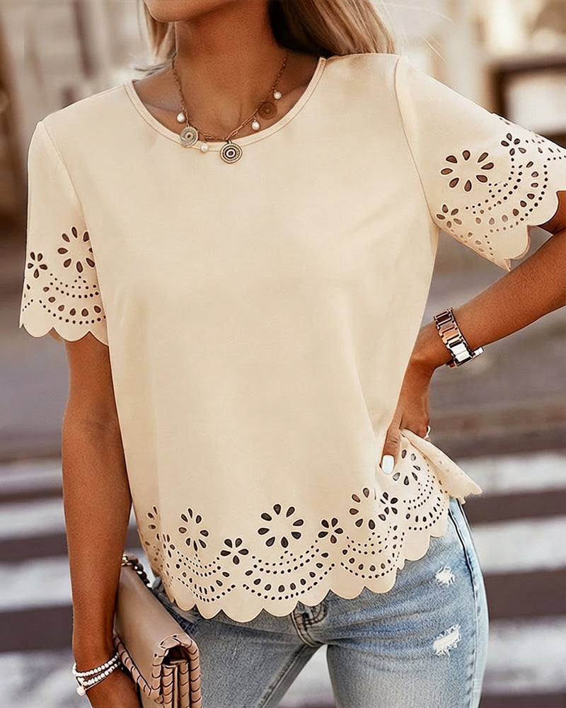 Round Neck Short Sleeve Eyelet Embroidery Tee Casual Scallop Trim Top