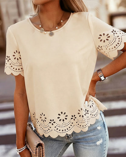 Round Neck Short Sleeve Eyelet Embroidery Tee Casual Scallop Trim Top