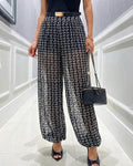 Women's Vintage Chain Print Sheer Chiffon Pants High-Waisted Loose Lantern Joggers Lightweight Breathable Lounge Pants with Pockets