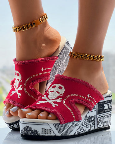 Newspaper Buckled Denim Wedge Slippers