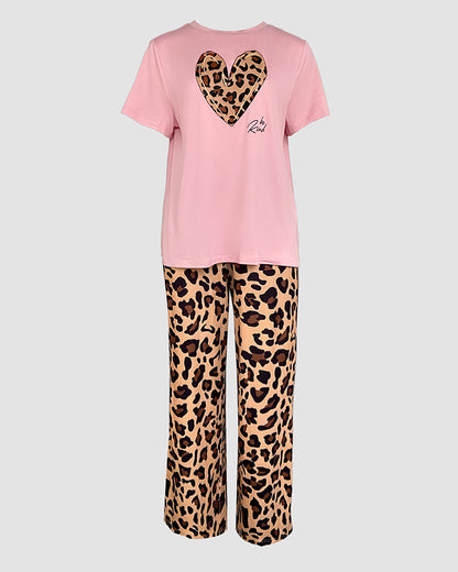 2 Pieces Outfit Letter Print & Leopard Heart Pattern Short Sleeve Top and Leopard Print Elastic Waist Pants Set Casual Pajamas Set