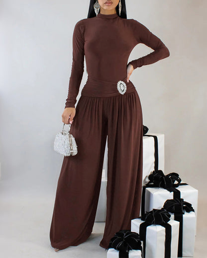 Women's 2 Piece Outfits Mock Neck Long Sleeve Slim Bodysuit and Rhinestone Ruched Wide Leg Pants Set