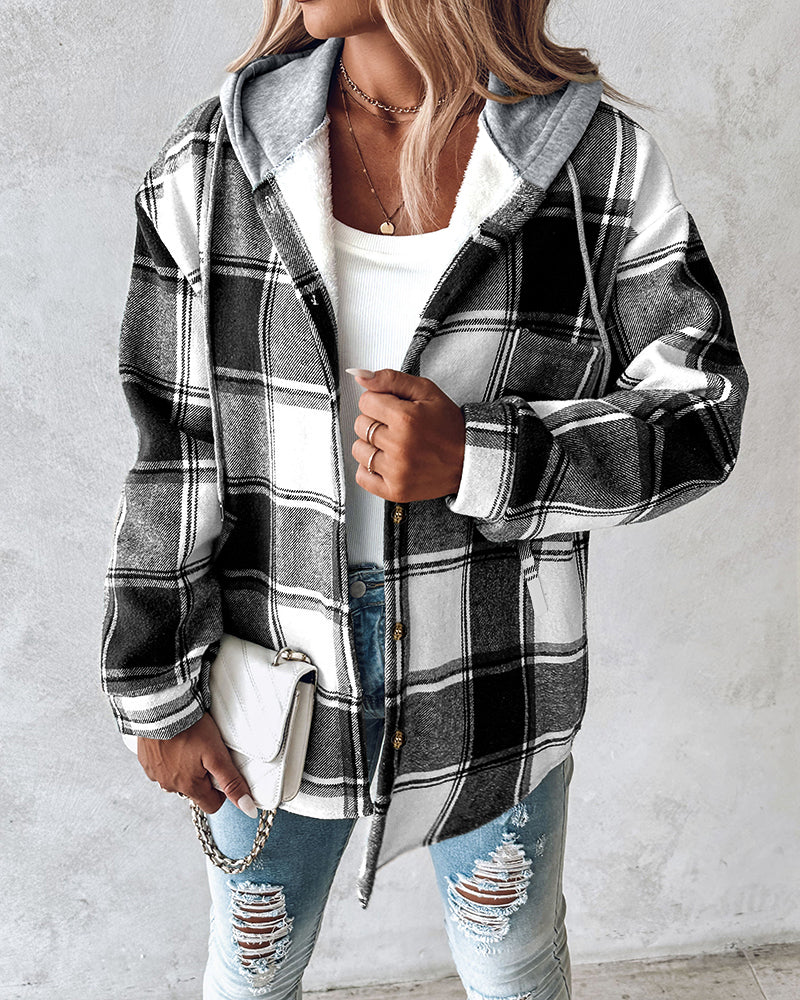 Plaid Pattern Long Sleeve Shacket Button Down Fleece Lined Hooded Jackets Warm Coat