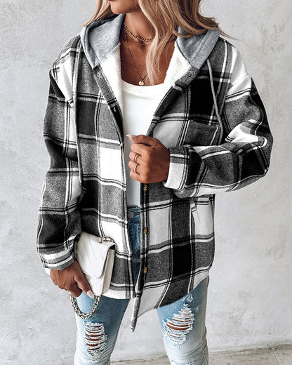 Plaid Pattern Long Sleeve Shacket Button Down Fleece Lined Hooded Jackets Warm Coat