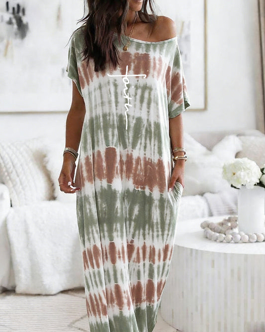 Tie Dye & Faith Letter Print Skew Neck Short Sleeve Maxi Dress Casual Loose Fit Loungewear with Pockets