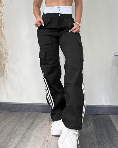 Contrast Side Striped Zipper Fly Stretchy High Waist Pants Flap Pockets Design Double Waistband Cargo Pants