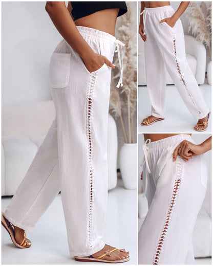 Hollow Out Lace Patch Pocket Design Casual Pants