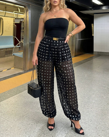 CHICME Women's Polka Dot Sheer Lantern Pants High Waist Loose Fit Harem Pants Vintage See-Through Trousers with Lining