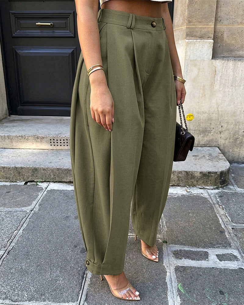 Pantalon sarouel femme taille haute à plis, poches et bas de jambes boutonnés
