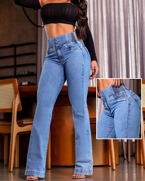ChicMe CurveEase: vaqueros de talle alto con fruncido trasero, botones delanteros, corte ajustado y pierna acampanada