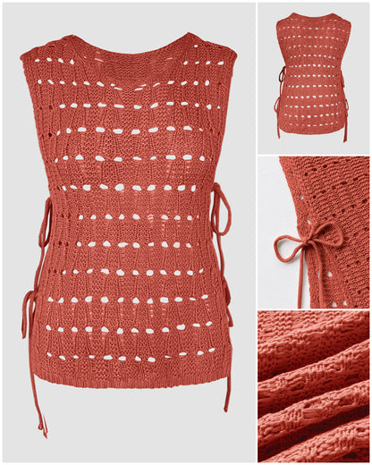 Round Neck Sleeveless Hollow-out Crochet Sweater Casual Tie Side Breathable Crop Top