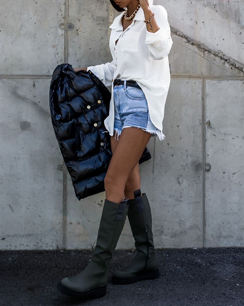 Metal Chain Decor Turn-down Collar Turn-Up Sleeves Front Button Shirt Casual Backless Asymmetrical Hem Top