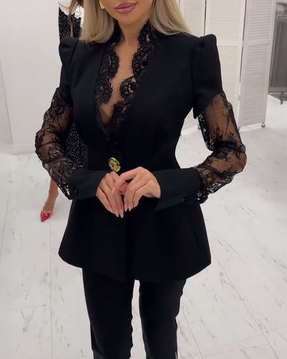 Eyelash Lace Trim Deep V-Neck Puff Sleeve Single Breasted Coat Lace Spliced Waist A-Line Blazer Coat