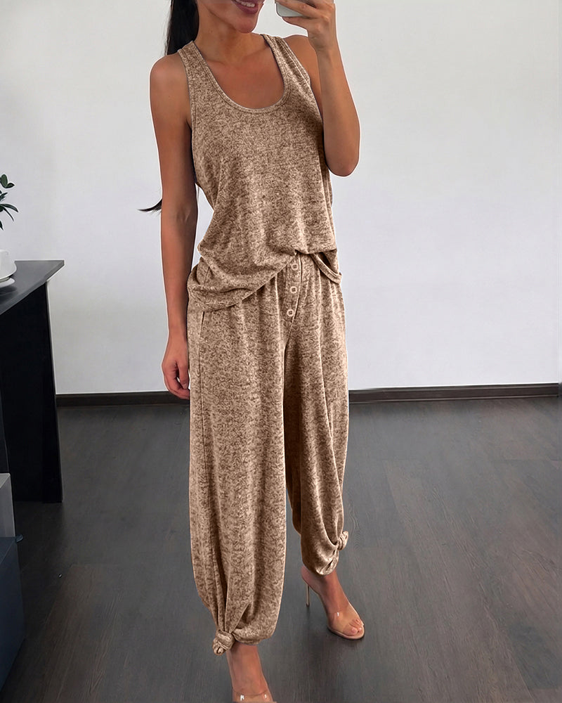 Conjunto informal de descanso de 2 piezas para mujer, con top de tirantes y cuello en U, y pantalones de pierna recta