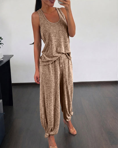 Conjunto informal de descanso de 2 piezas para mujer, con top de tirantes y cuello en U, y pantalones de pierna recta