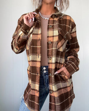 Chaqueta tipo camisa de cuadros para mujer, de manga larga, cierre de botones, tejido cepillado, cuello vuelto y estilo informal