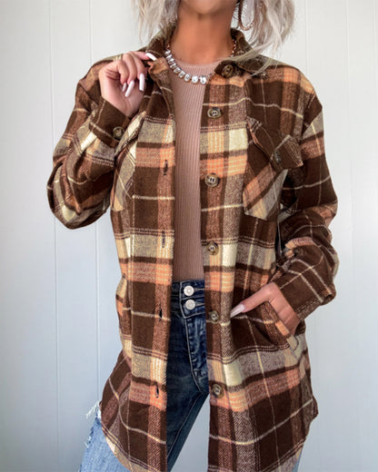 Women's Plaid Long Sleeve Button Down Brushed Shacket Casual Turn-down Collar Coat