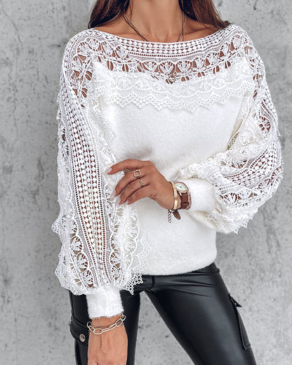 Crewneck Guipure Lace Long Sleeve Hollow Out Knit Sweaters Pullover Tops