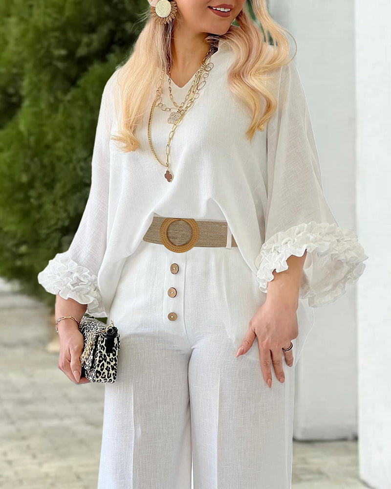 2 Pieces Outfit Turn-down Collar V-Neck Ruffles Cuffs Asymmetrical Hem Top and Wooden Single Breasted Decor Elastic Waist Wide Leg Pants Set with Belt