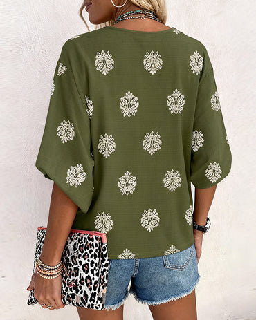 Vintage Baroque Placement Print V-Neck Lantern Sleeve Blouse Casual Long Sleeve Loose Fit Boho Top
