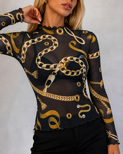 Women's Sheer Mesh Gold Chain Print Mock Neck Frill Trim Long Sleeve Top