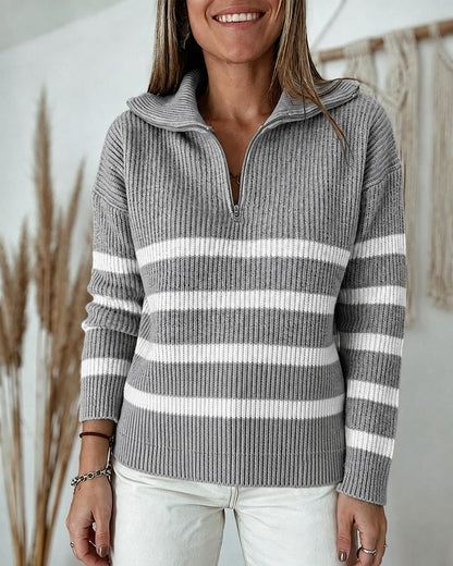 Women's Half Zip Striped Sweater Colorblock Turn-down Collar Knit Pullover Drop Shoulder Loose Fit Top