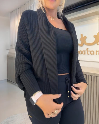 3PCS Batwing Sleeve Cardigan With Asymmetrical Neck Tank Top & Stretchy Waist Pants Set