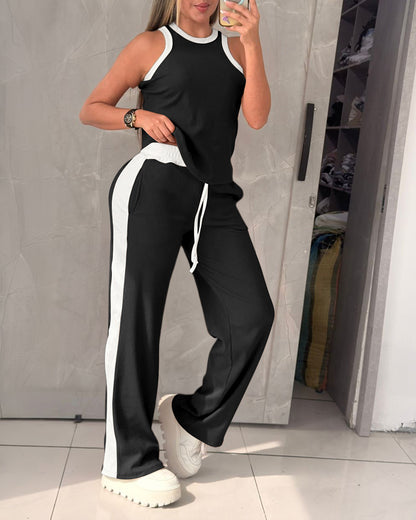 Women's Contrast Binding Knit Set Halter Tank Top and Wide Leg Pants 2 Piece Tracksuit Ribbed Loungewear