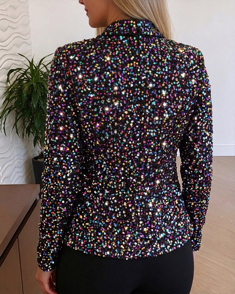 Damen-Blazerjacke mit allover bunten Pailletten, Stehkragen und offener Vorderseite