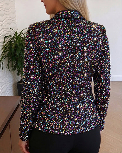Damen-Blazerjacke mit allover bunten Pailletten, Stehkragen und offener Vorderseite