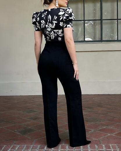 Colorblock Floral Print Spliced Deep V Neck Puff Sleeve Slim Fit Overalls Elegant Ruched Zipper Back Jumpsuit