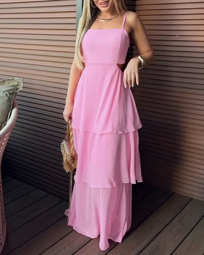 Square Neck Adjustable Spaghetti Straps Cutout Waist Ruffle Hem Dress Casual Backless Tie Back Stretchy Back Chiffon Cami Dress