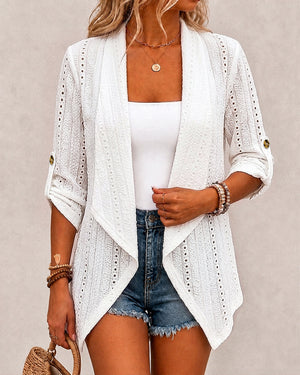 Abrigo de jacquard texturizado para mujer con diseño calado, parte delantera abierta, solapas y mangas enrollables