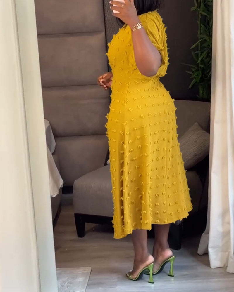 Swiss Dot V Neck Short Sleeve Dress Casual Ruched Waist Midi Dress