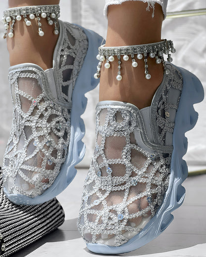 Contrast Sequin Sheer Mesh Patch Breathable Sneakers