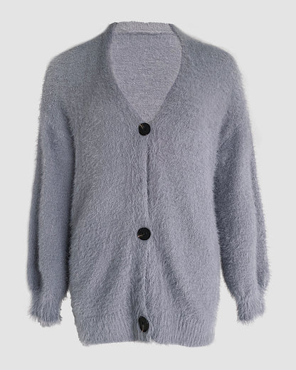 V-Neck Single Breasted Fuzzy Cardigan Casual Minimalist Sweater Coat