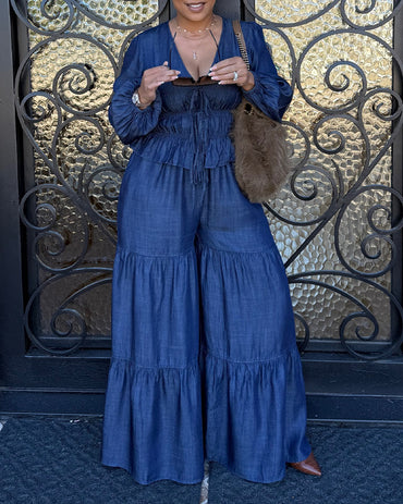 Two-Piece Set Faux Denim Lantern Sleeve Plunge V Neck Lace Up Top and Casua Wide Leg Flared Pants Set